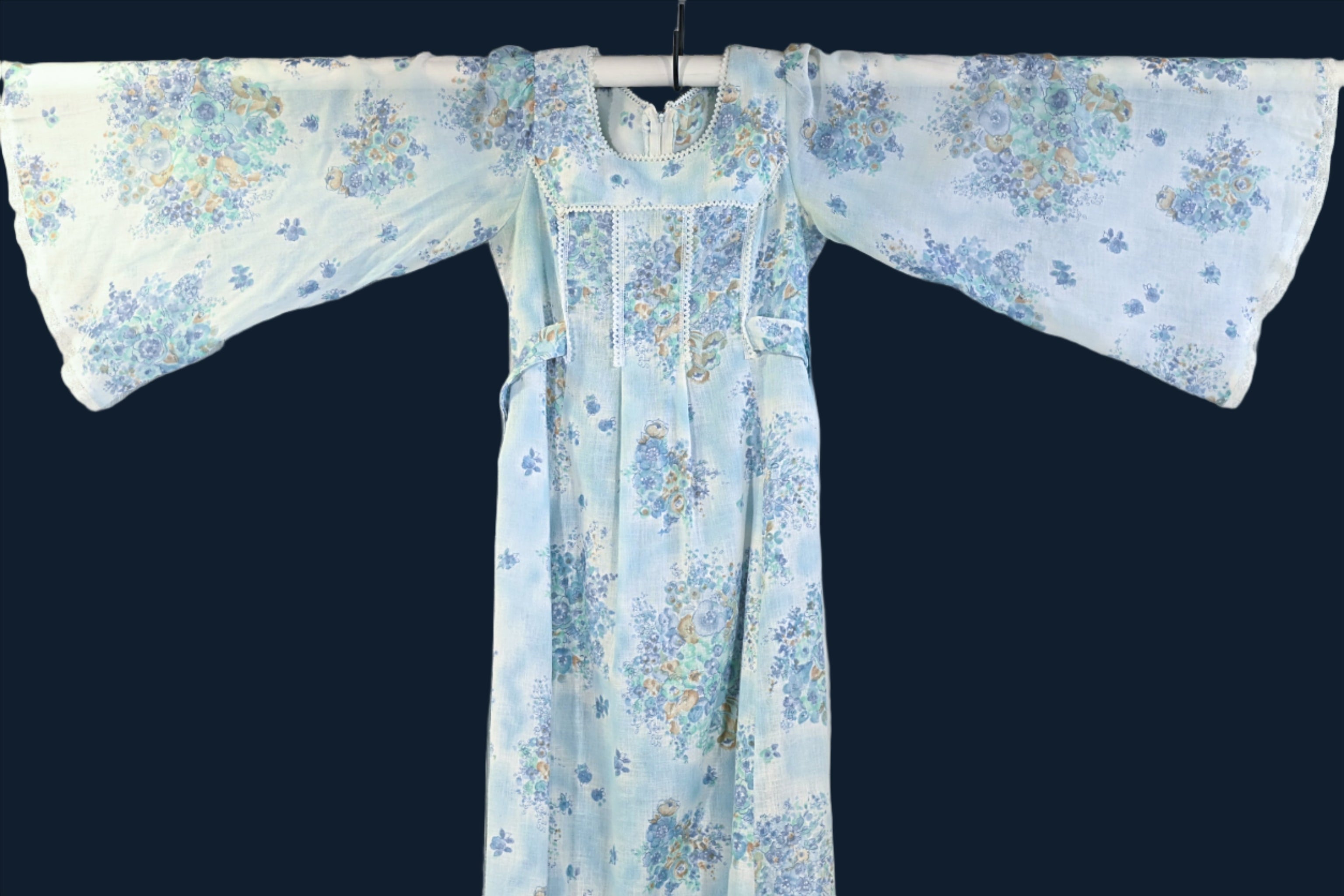 Vintage Angel Sleeve Maxi Dress, Blue Floral 70s Hippie Dress S main image 0