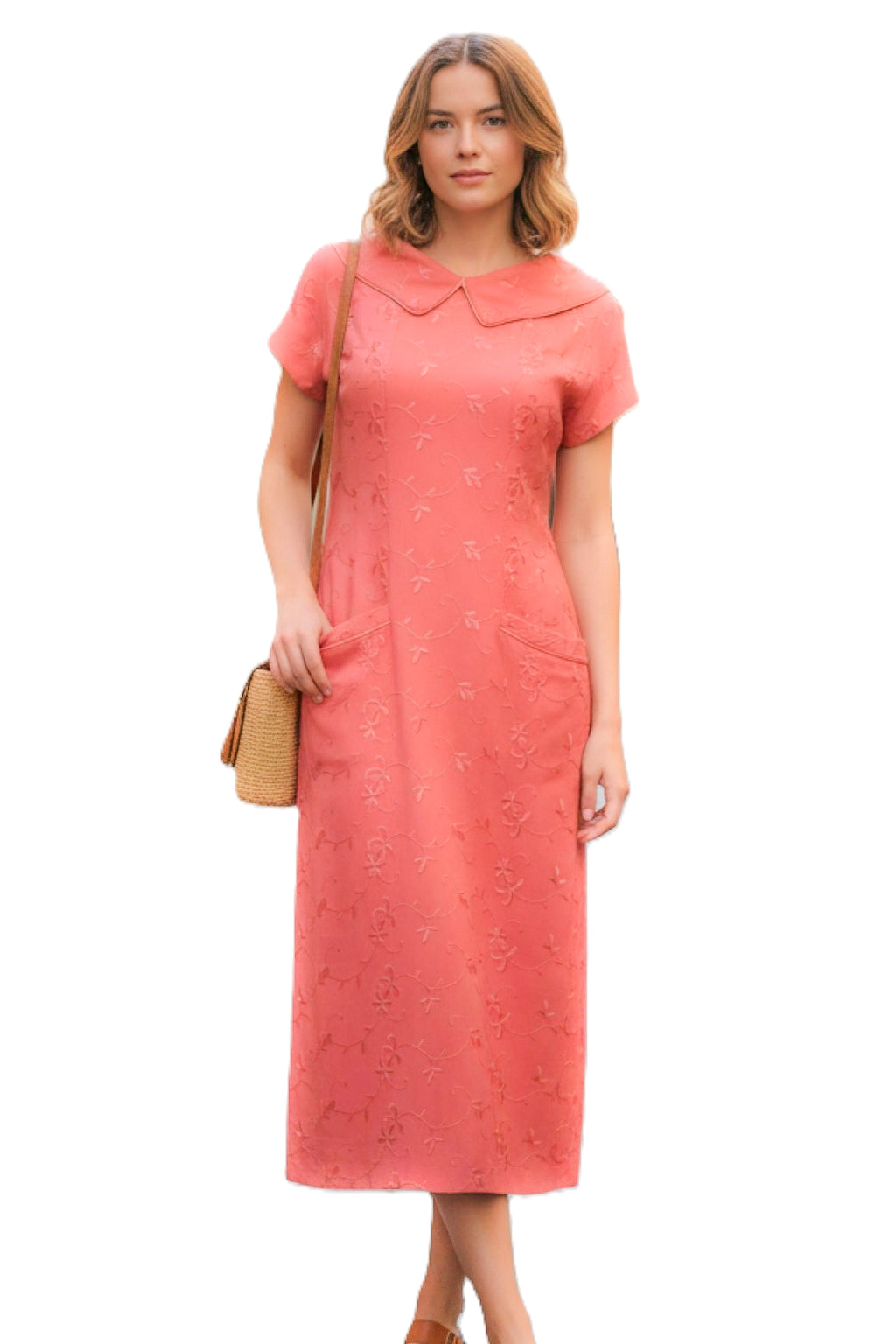 50s Embroidered Coral Linen Dress, Peter Pan Collar Day Dress M– Papillon Vintage Shop