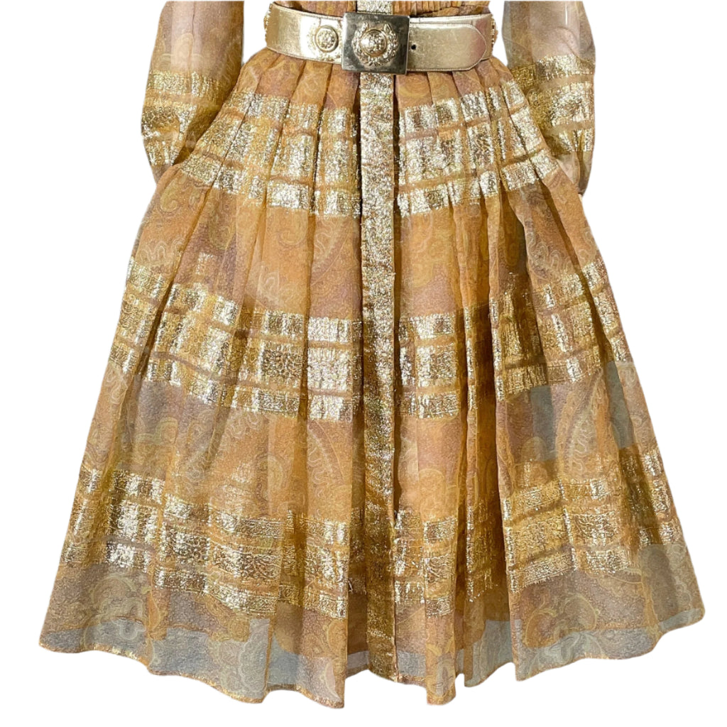 70s Bohemian Gold Accented Party Dress, Indian Ethnic Boho Design 31" Papillon Vintage Shop 70s Bohemian Gold Accented Party Dress, Indian Ethnic Boho Design 31" Papillon Vintage Shop