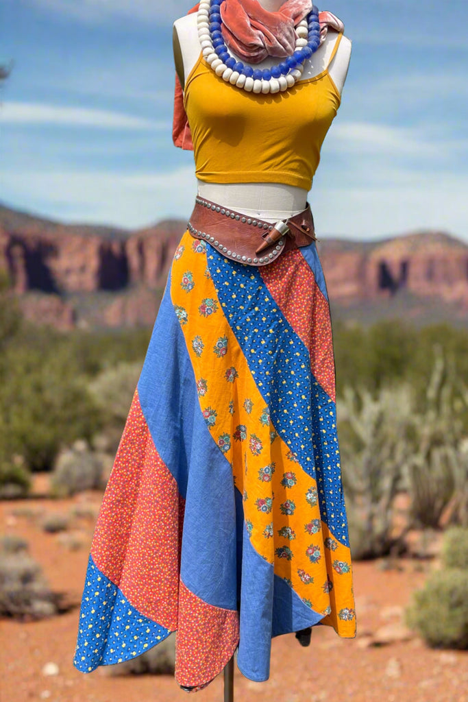 Vintage 70s Patchwork Cottagecore Flare Skirt, Hippie Maxi Skirt S