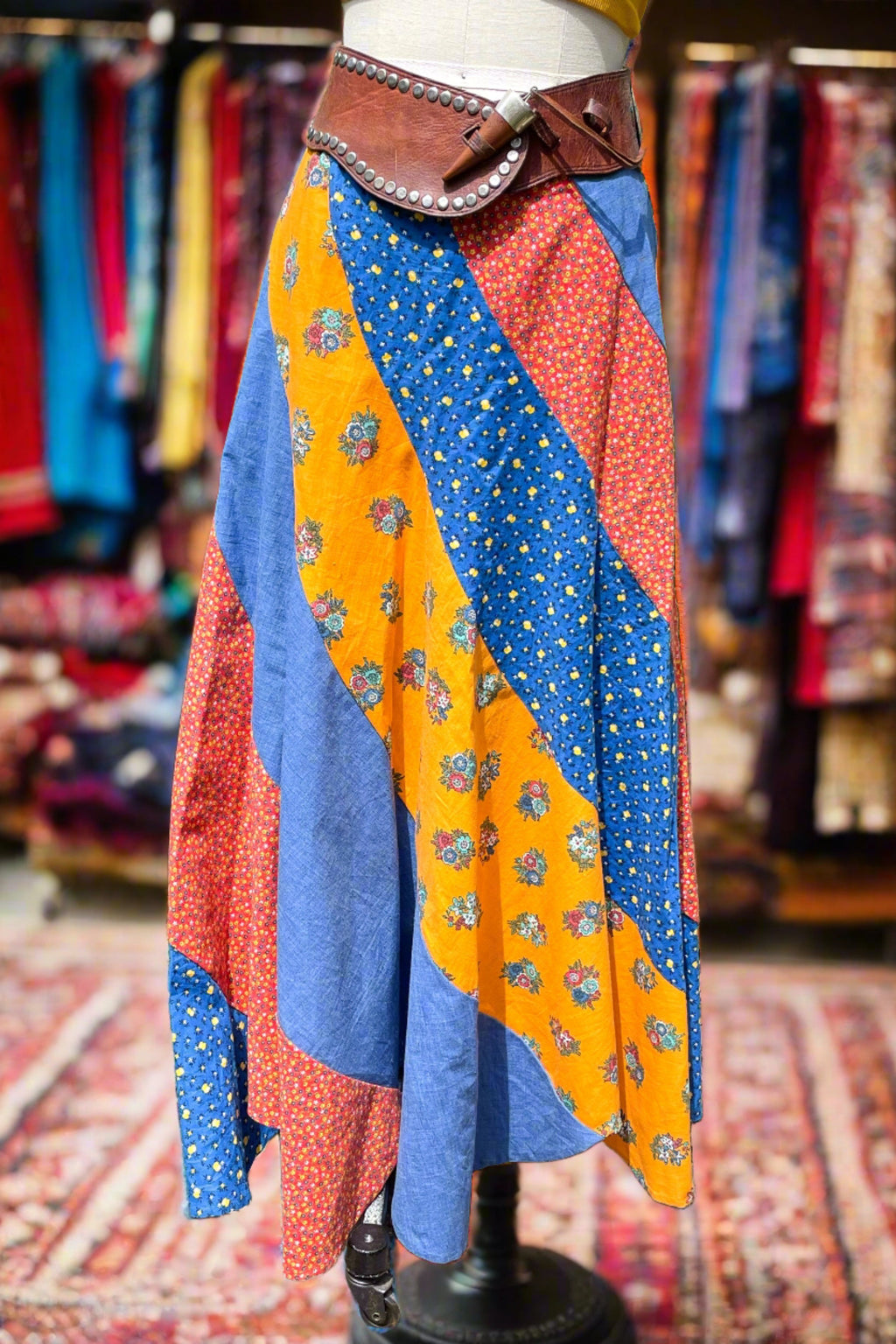 Vintage 70s Patchwork Cottagecore Flare Skirt, Hippie Maxi Skirt S  