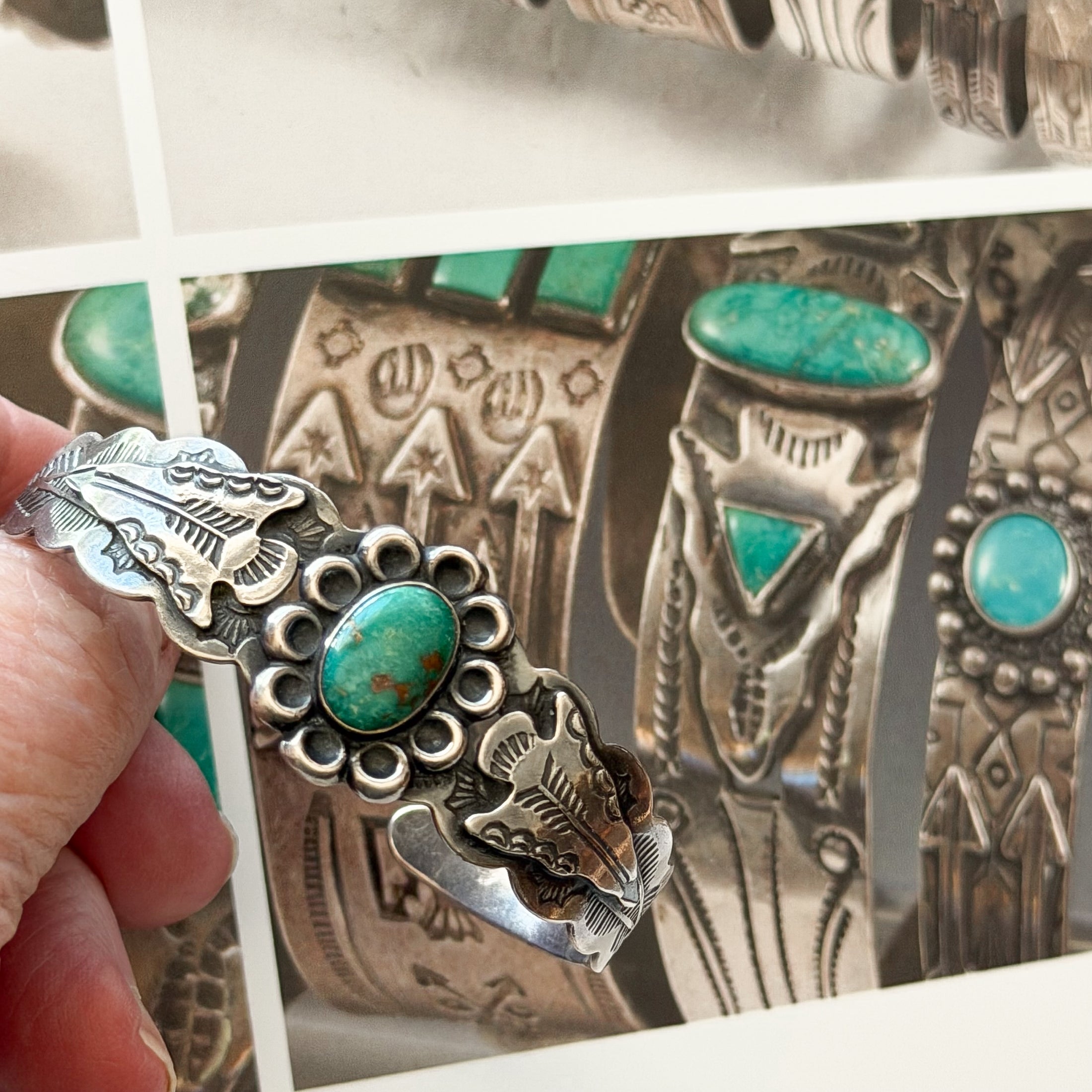 Vintage Fred Harvey IH Coin Silver Turquoise Cuff Bracelet