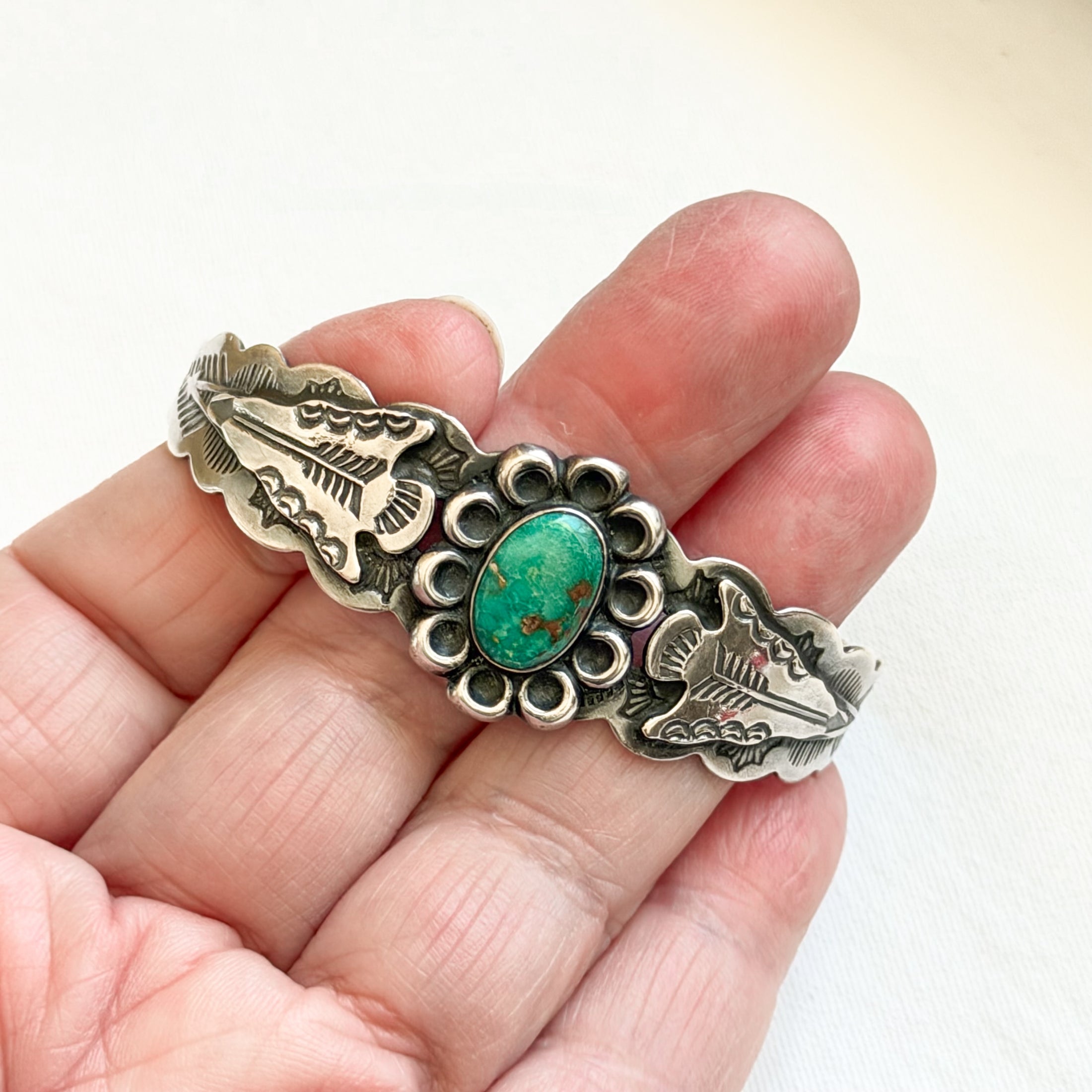 Vintage Fred Harvey IH Coin Silver Turquoise Cuff Bracelet