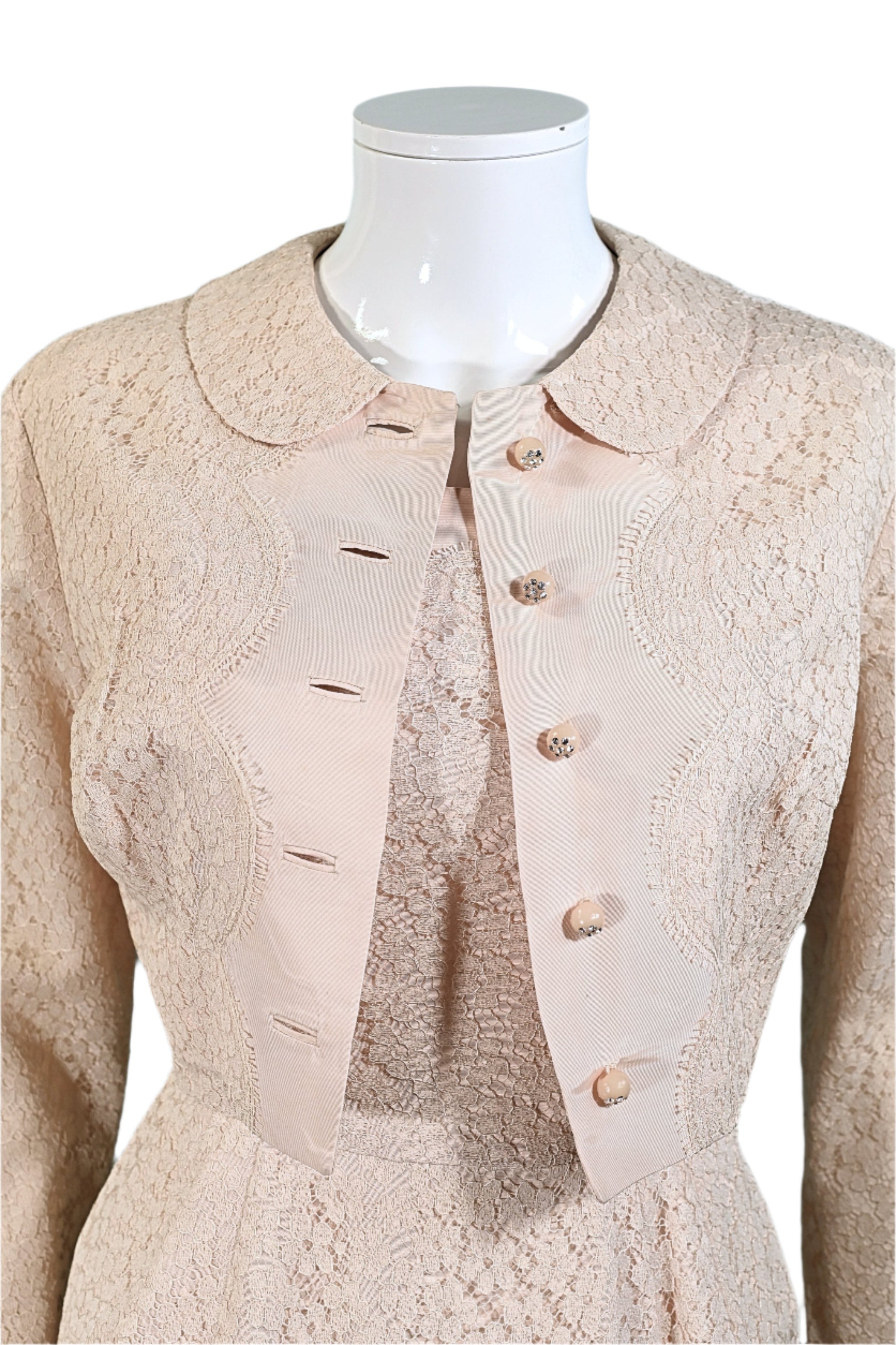 Vintage 50s Blush Pink Lace Dress + Jacket, 2 Piece Suit, Rhinestone Buttons S