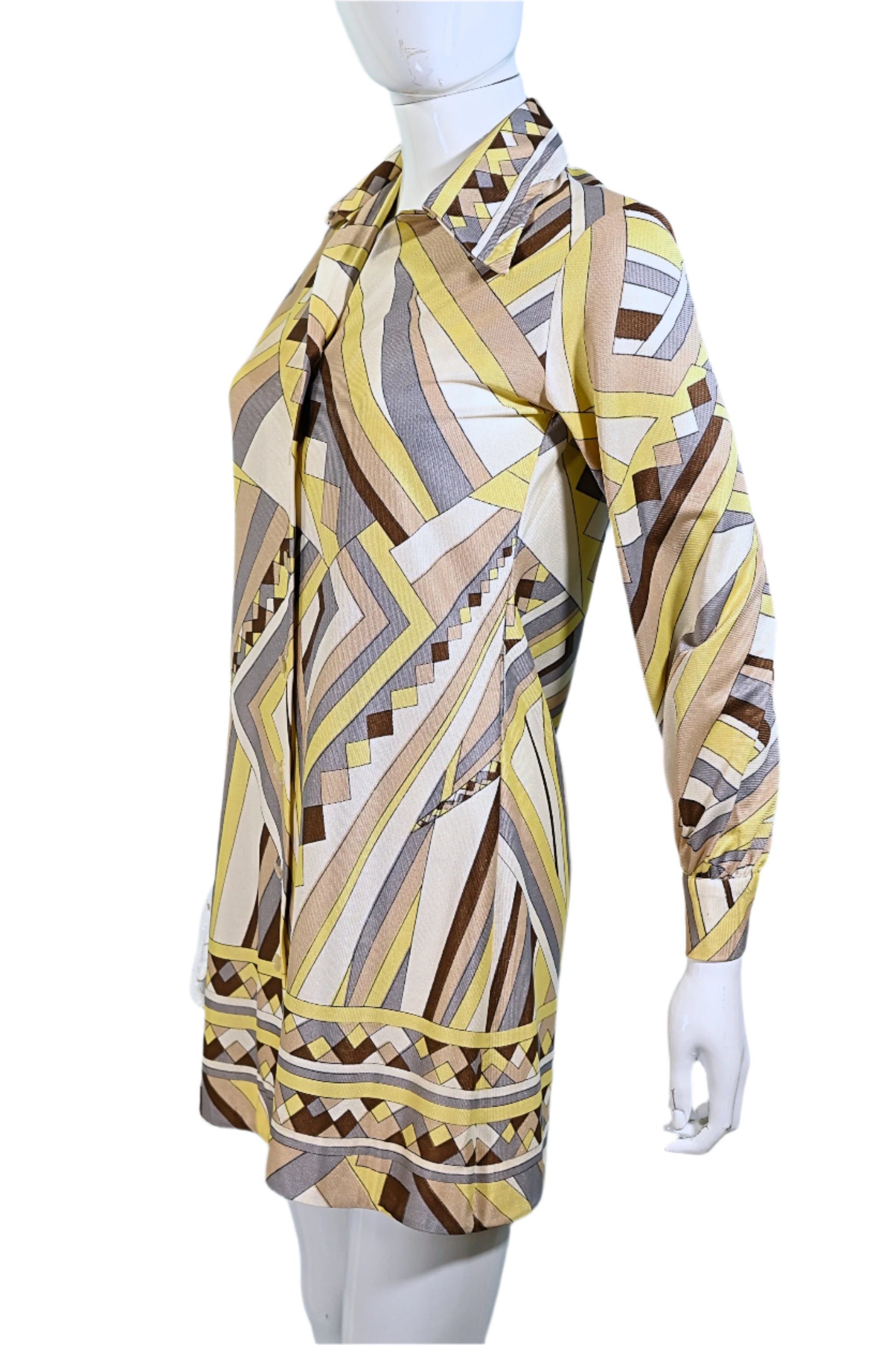 Vintage 60s Geometric Pattern Mini Dress, Large Pointed Collar XS/S