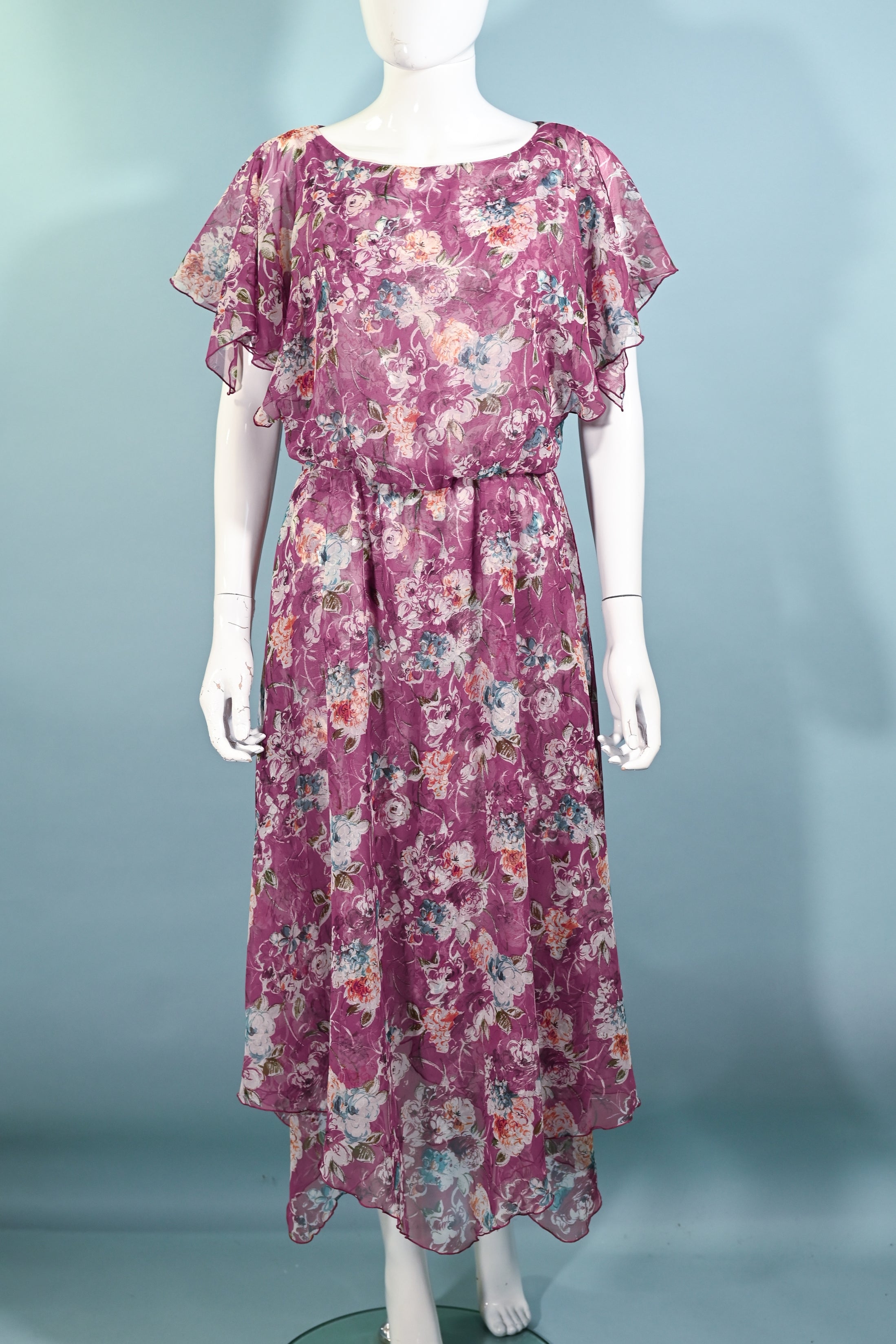 Vintage 70s Pink Floral Midi Dress, Asymmetrical Handkerchief Hem S/M ...