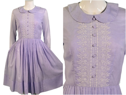 Vintage 60s Lavender Embroidered Cottagecore Dress, Peter Pan Collar S main image 0