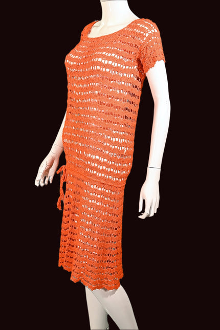 Vintage 60s Orange Crochet Mod Shift Mini Dress, Boho  S/M