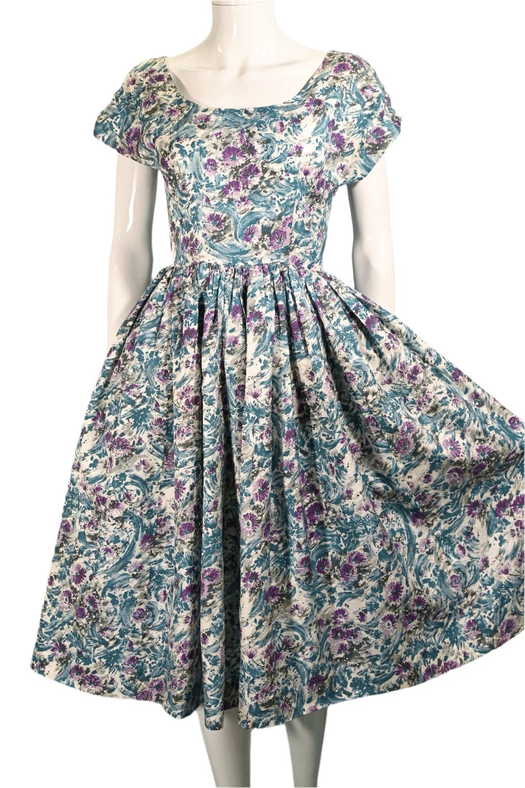 50s Teal Purple Floral Dress, Fit and Flare Fitted 26" Waist Papillon Vintage Shop 50s Teal Purple Floral Dress, Fit and Flare Fitted 26" Waist Papillon Vintage Shop