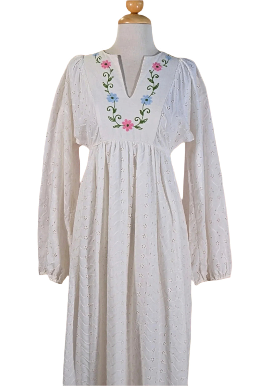 60s/70s White Lace Embroidered Maxi Dress, Eyelet Lace Long Sleeves Papillon Vintage Shop 60s/70s White Lace Embroidered Maxi Dress, Eyelet Lace Long Sleeves Papillon Vintage Shop