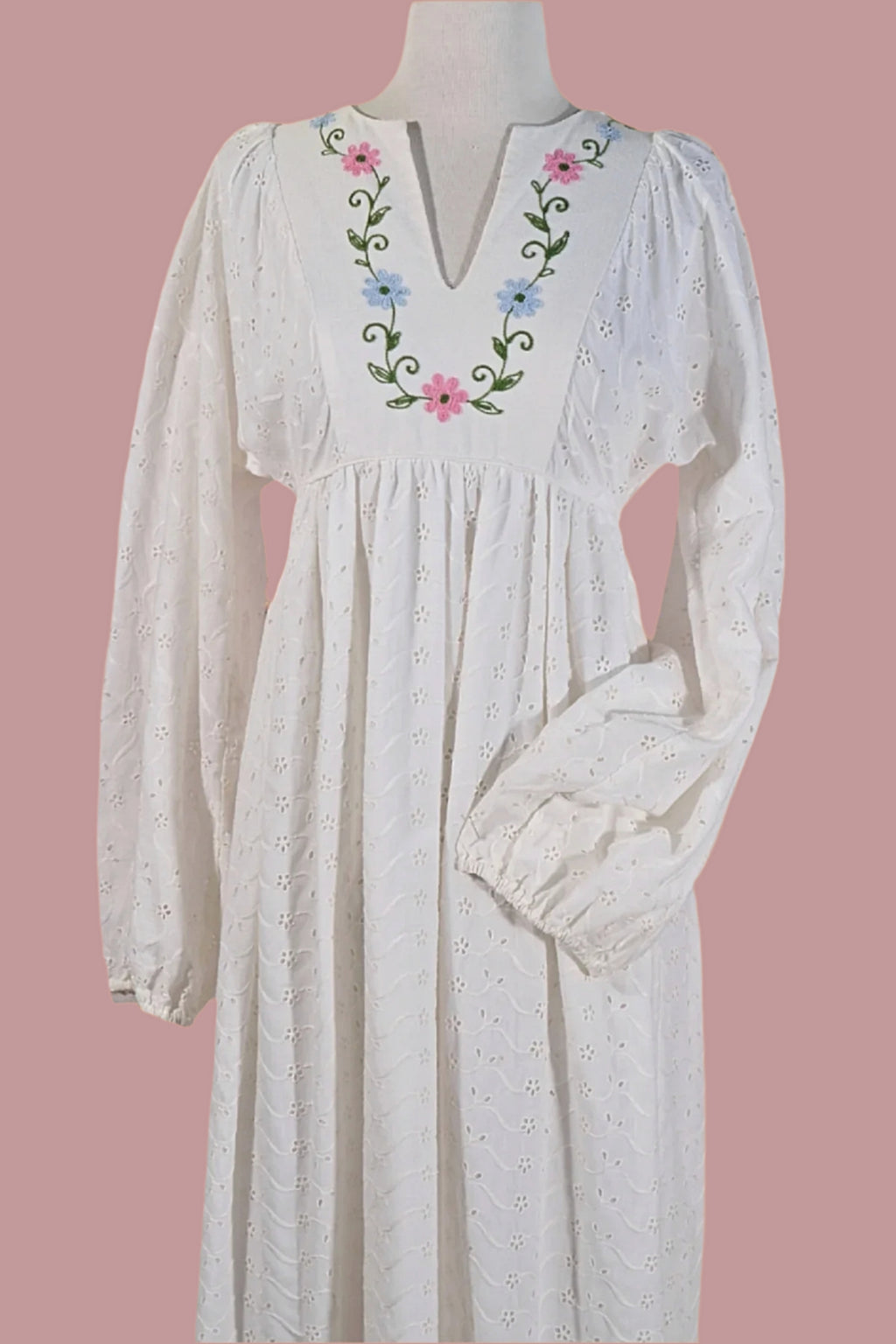 60s/70s White Lace Embroidered Maxi Dress, Eyelet Lace Long Sleeves Papillon Vintage Shop 60s/70s White Lace Embroidered Maxi Dress, Eyelet Lace Long Sleeves Papillon Vintage Shop