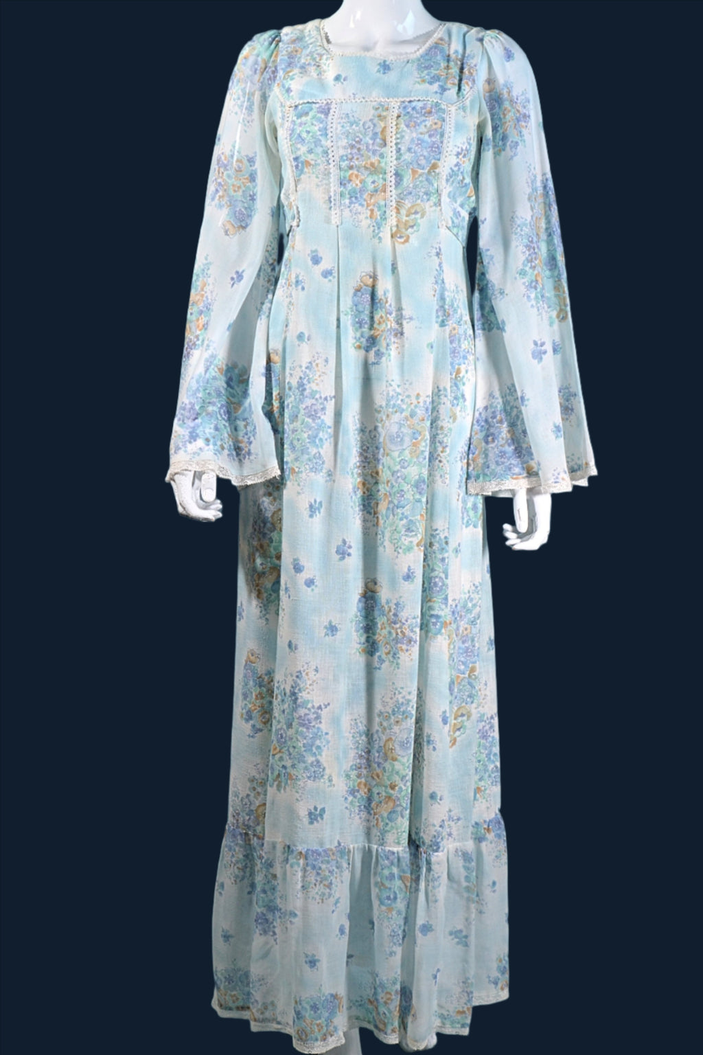 Vintage Angel Sleeve Maxi Dress, Blue Floral 70s Hippie Dress S– Papillon  Vintage Shop