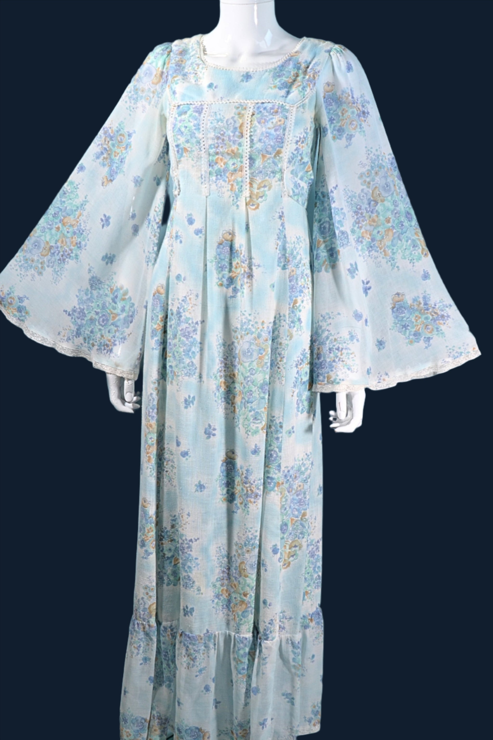 Vintage Angel Sleeve Maxi Dress, Blue Floral 70s Hippie Dress S main image 1