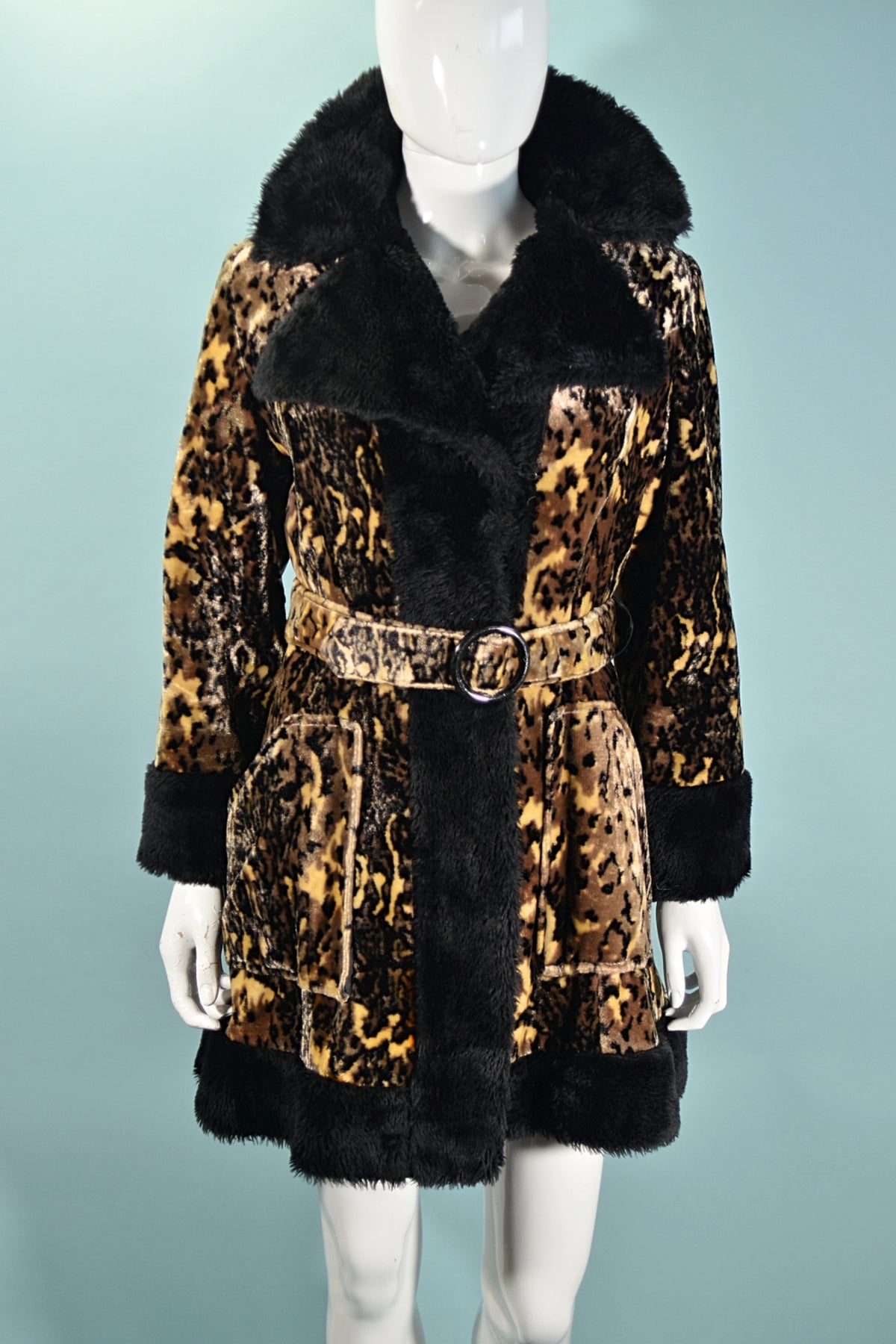 Vintage 60s Animal Print Princess Coat, Belted Plush Fake Fur Trim Coa ...