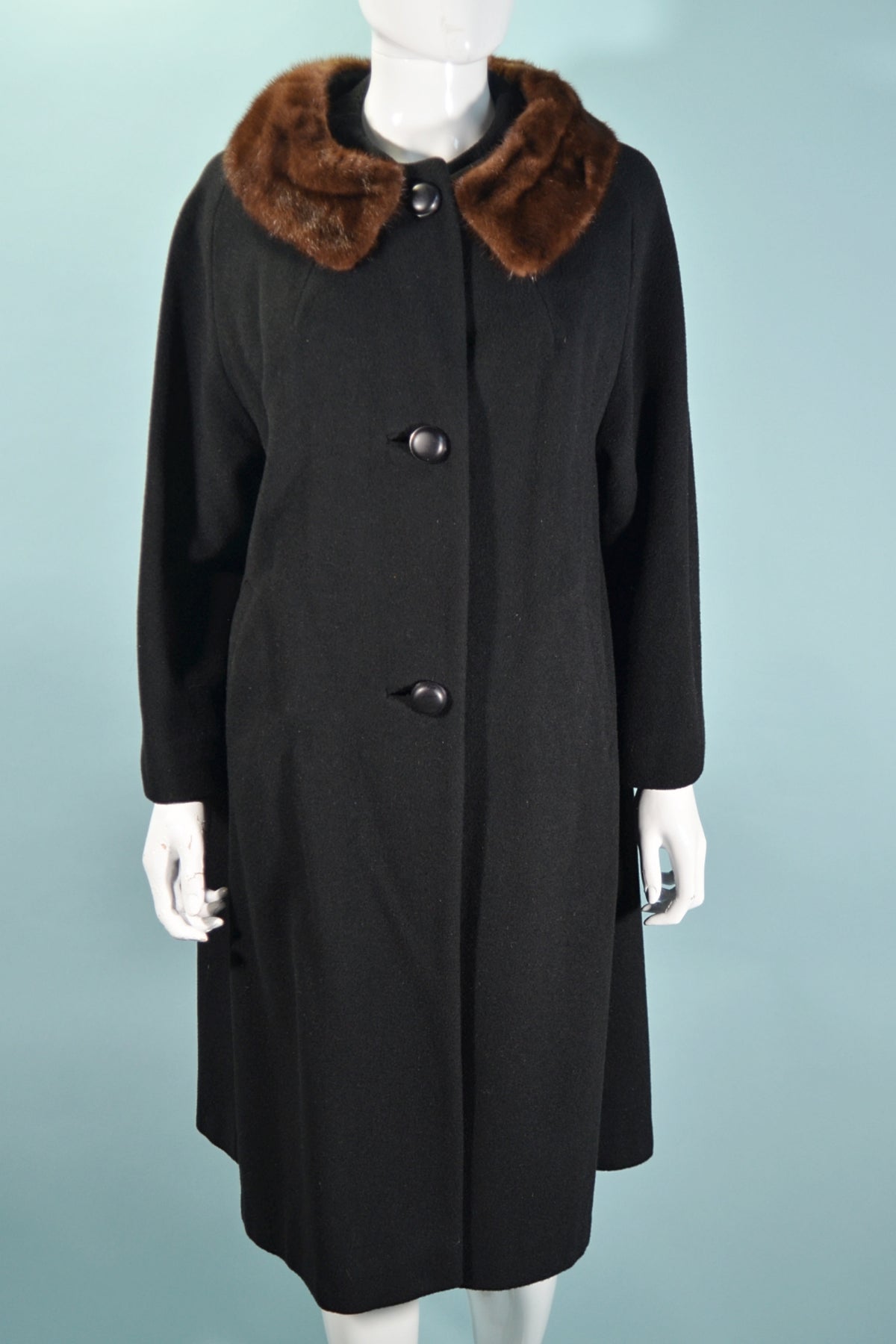 SOLD Vintage 50s/60s Black Wool Coat, Mink Collar Swing Coat