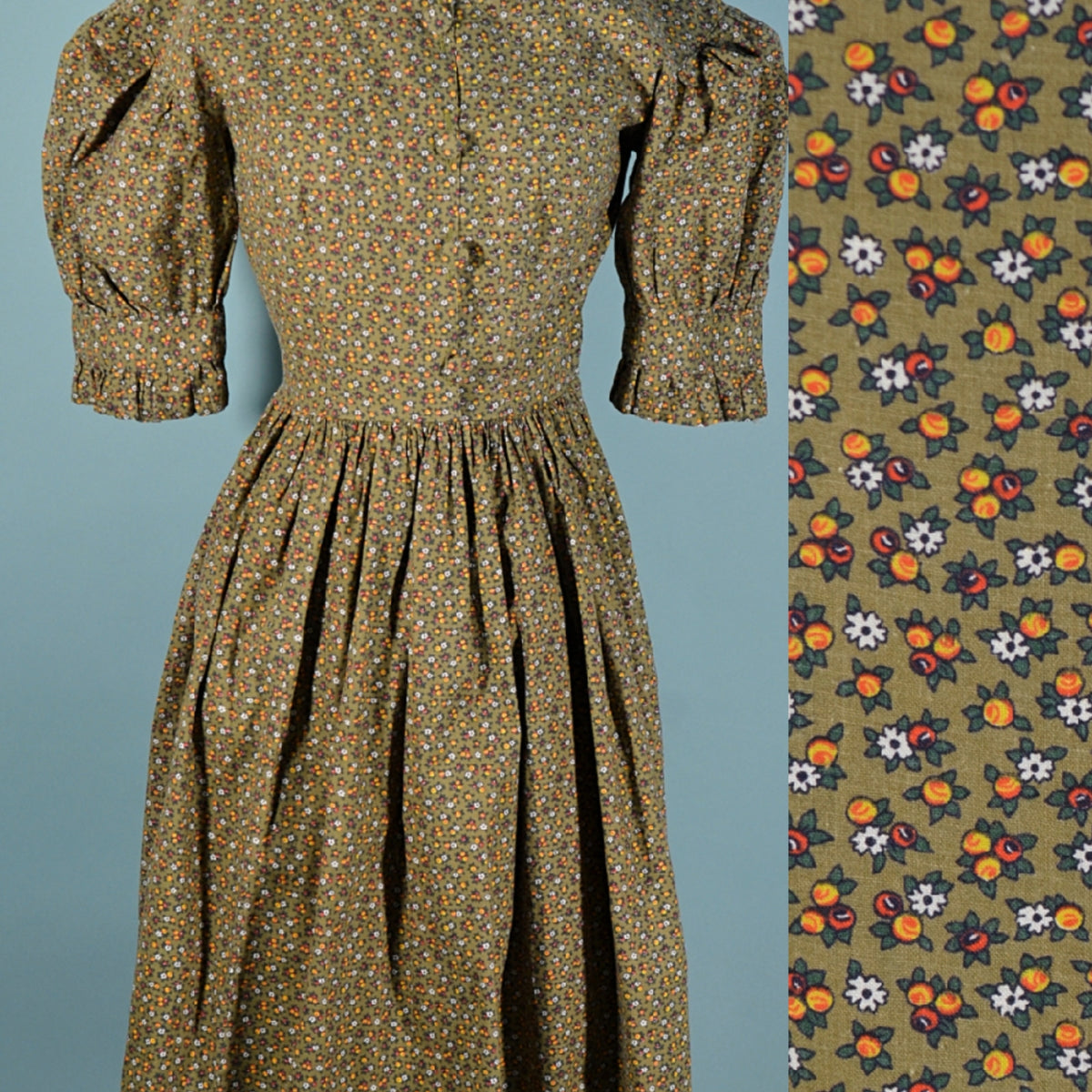 Vintage 40s/50s Green Calico Print Prairie Dress S– Papillon Vintage Shop
