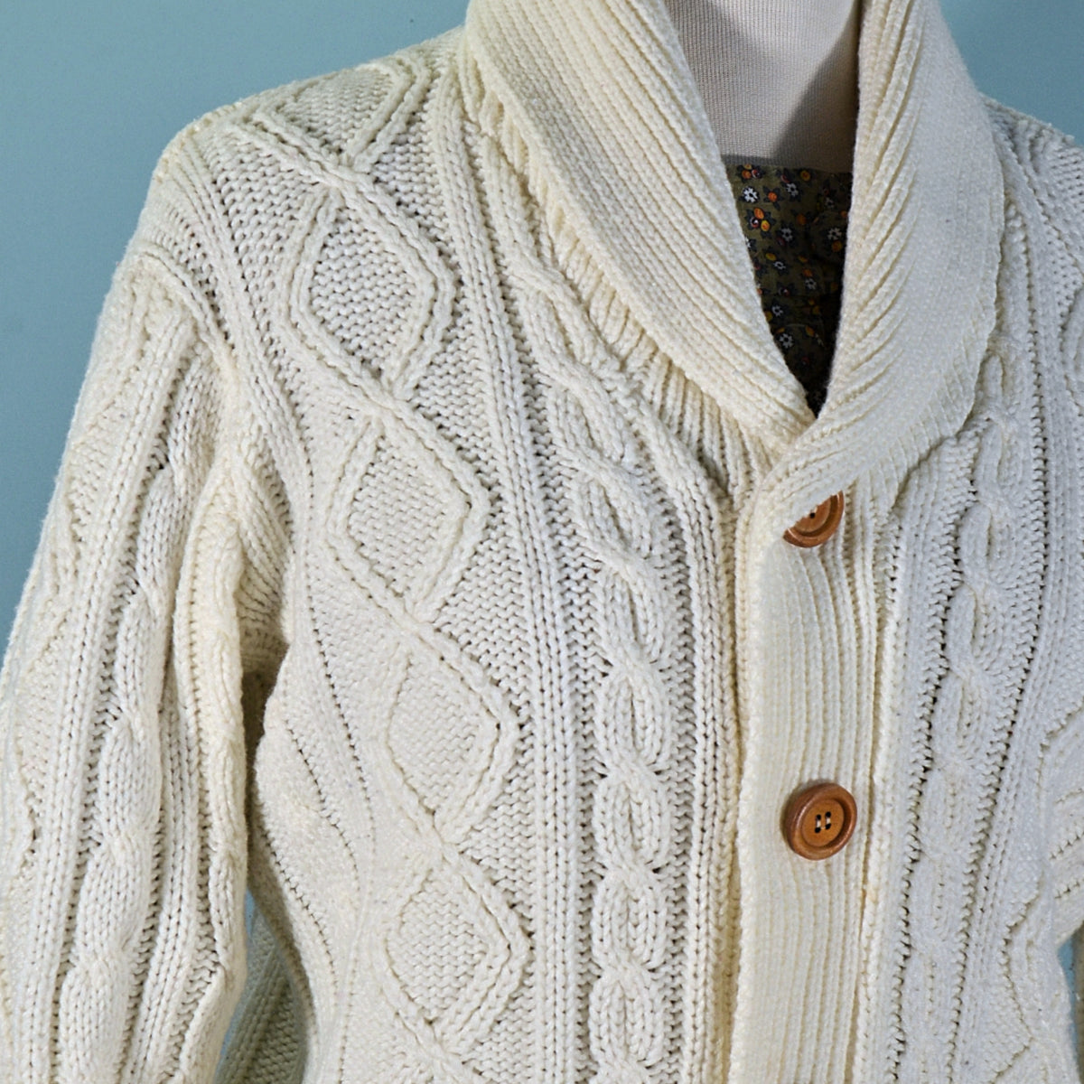 Vintage 60s/70s Cream Acrylic Cardigan Sweater, Pockets Cable