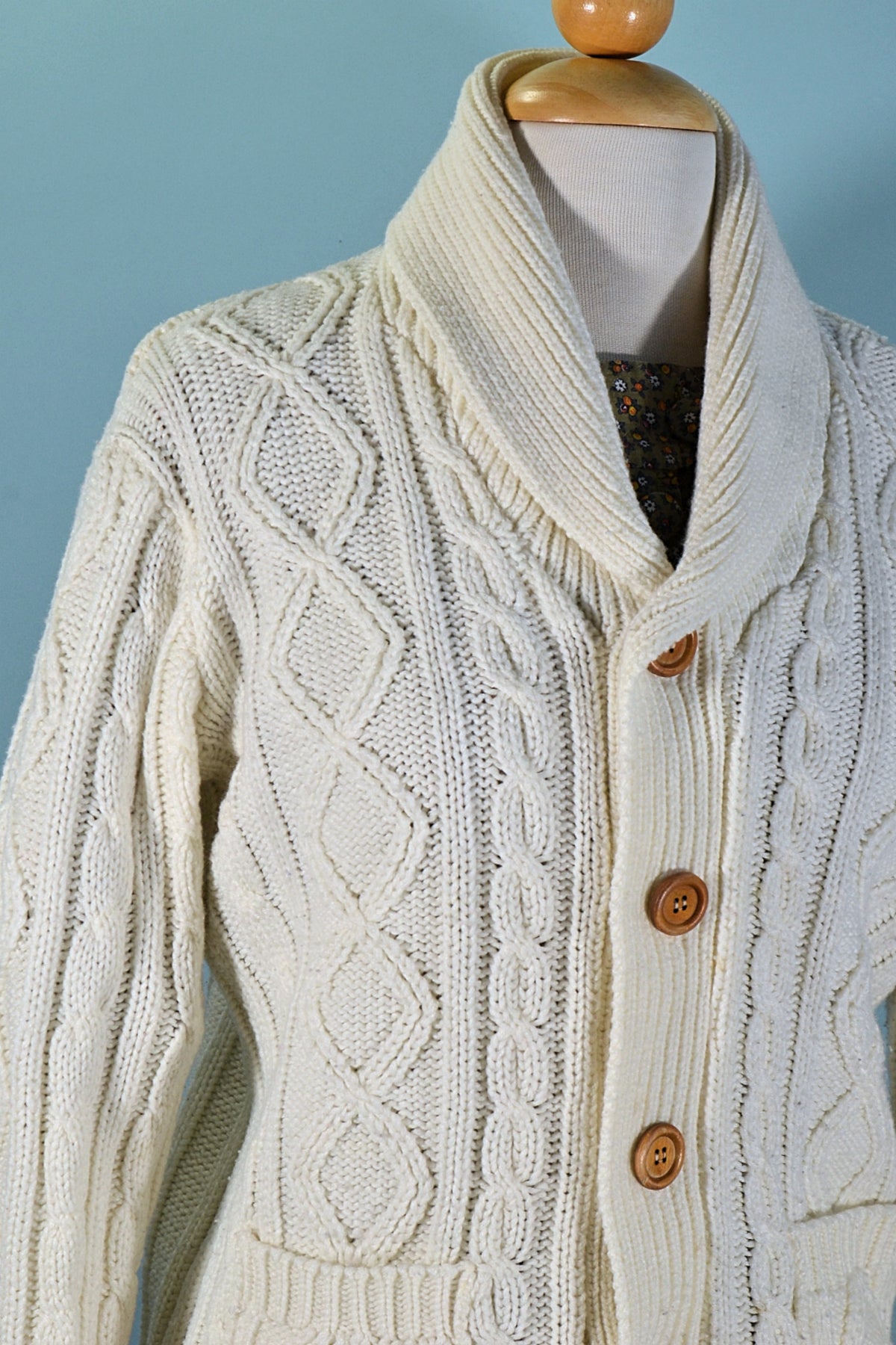 Vintage 60s/70s Cream Acrylic Cardigan Sweater, Pockets Cable Knit S/M ...