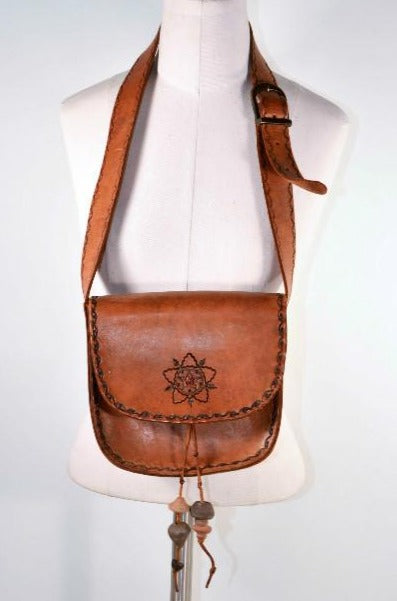 Vintage Hand Tooled Leather Handbag + Ceramic Beads, Boho Shoulder Bag
