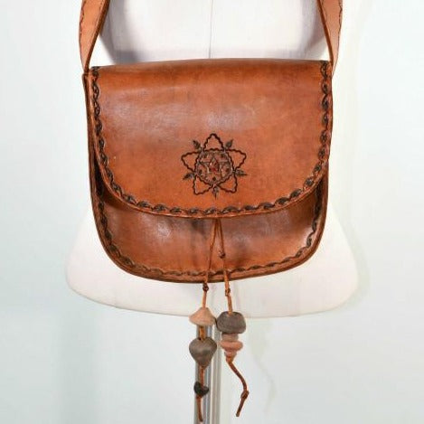 Vintage Hand Tooled Leather Handbag + Ceramic Beads, Boho Shoulder Bag