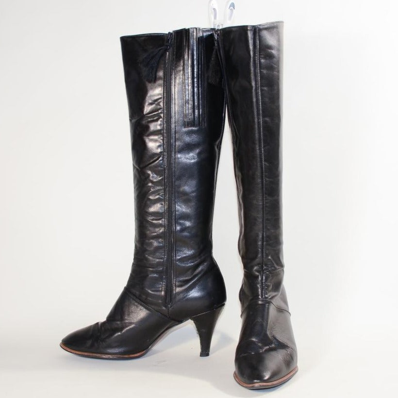 1970s Black Leather High Heel Boots /70s Knee High Boots, RareJule Vintage