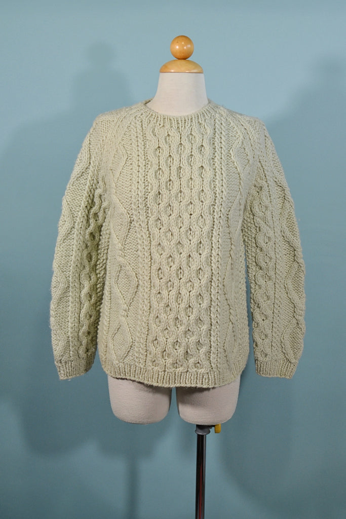 Vintage 60s Wool Hand Knit Sweater, Pale Green Cable Knit Pullover