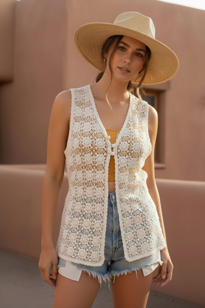 Vintage Hand Crochet Long Vest, 60s/70s Hippie Cottagecore Top