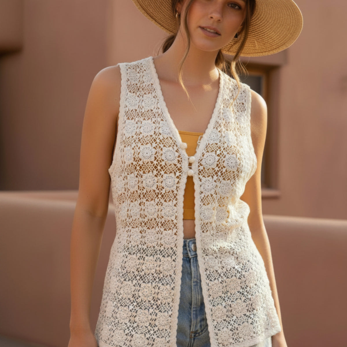 Vintage Hand Crochet Long Vest, 60s/70s Hippie Cottagecore Top