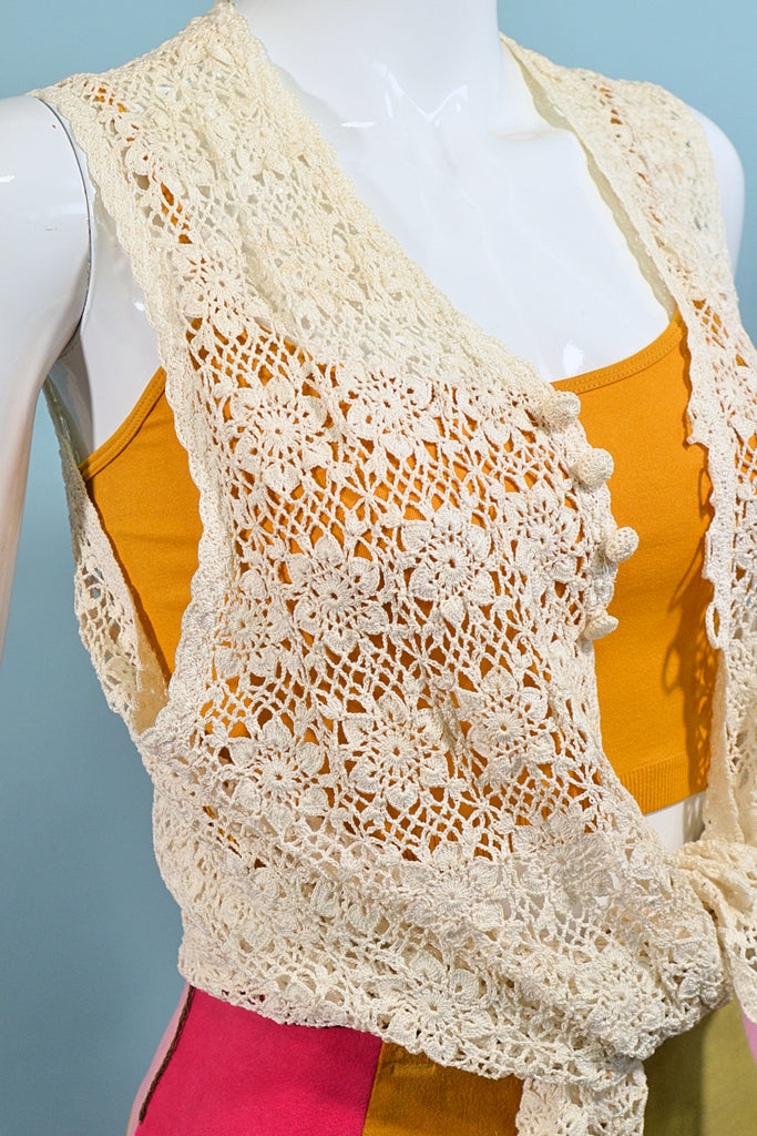 Vintage Hand Crochet Long Vest, 60s/70s Hippie Cottagecore Top