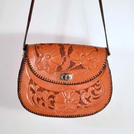 Vintage 1940s Hand Tooled Leather Satchel Bag Handbag… - Gem