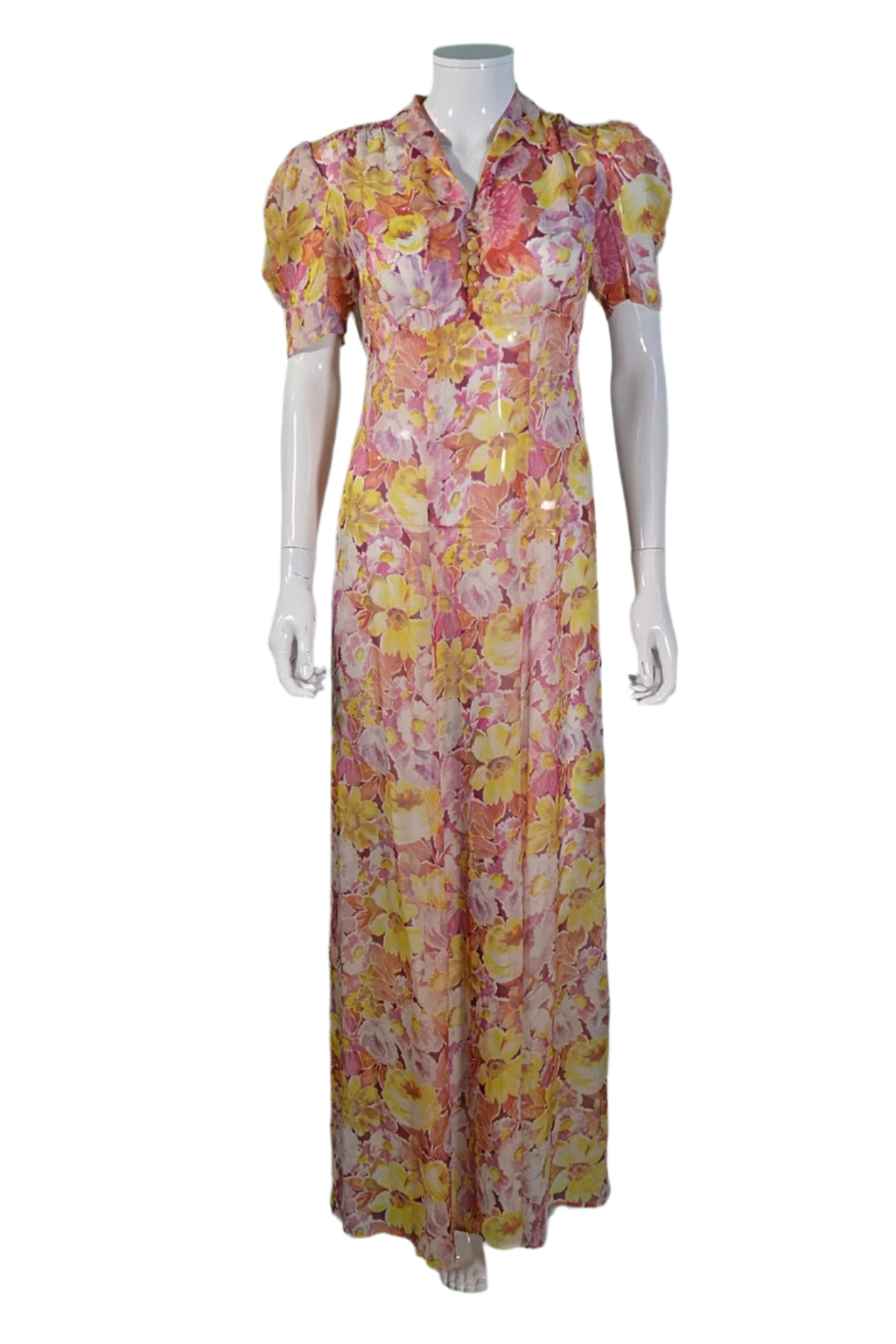 vintage 30's dresses Vintage 1930s Sheer Floral Print Maxi Dress Puff Sleeves– Papillon Vintage  Shop