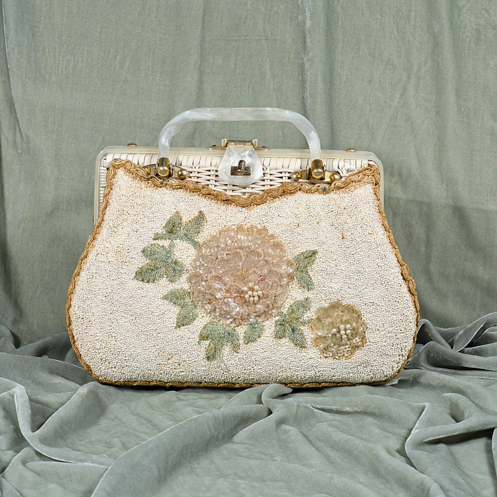 Vintage 50s White Wicker Beaded Handbag, Lucite Top Handles by