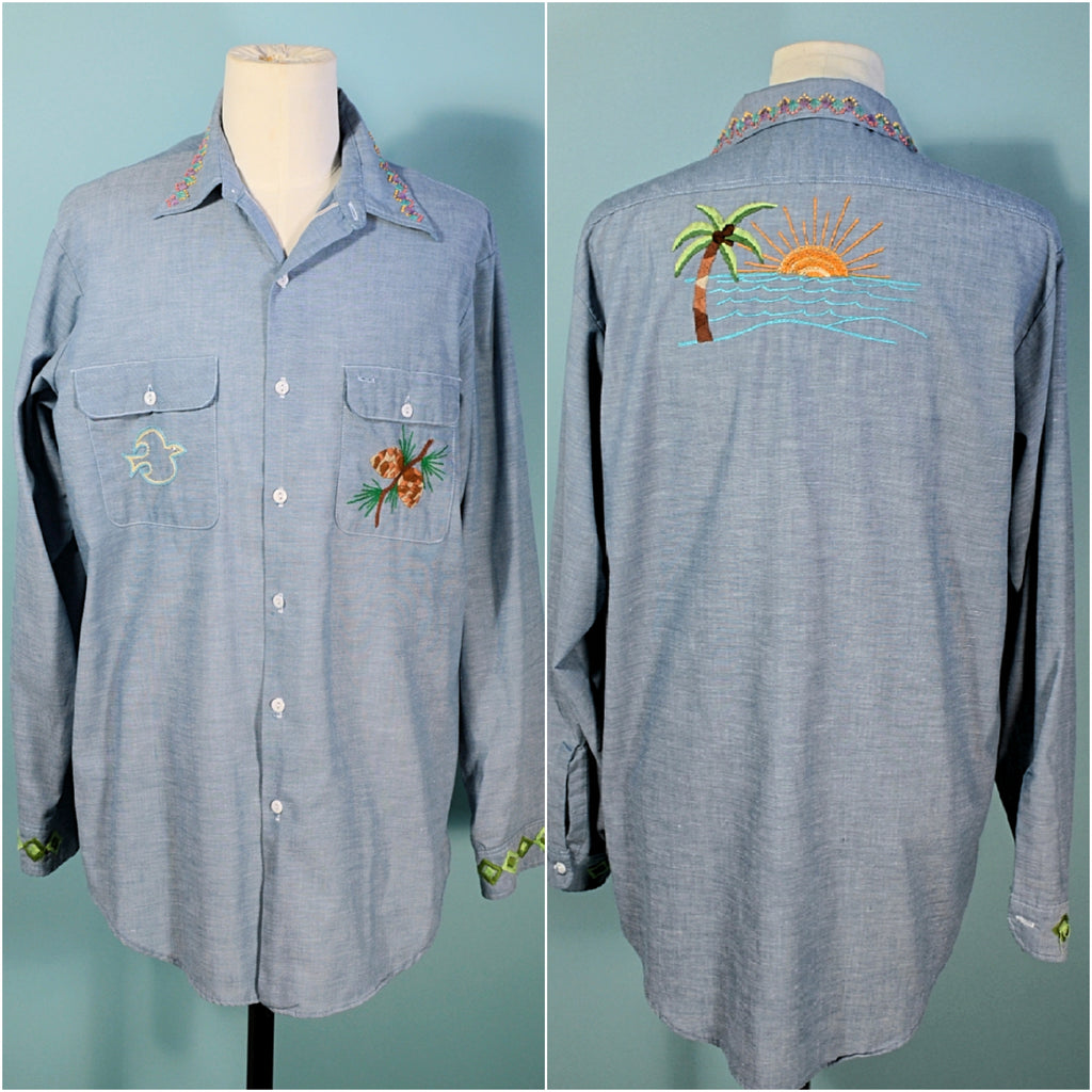 Vintage 70s Embroidered Chambray Shirt Hand Embroidered Hippie Shirt - Shop  headxlover Vintagestore Men's Shirts - Pinkoi