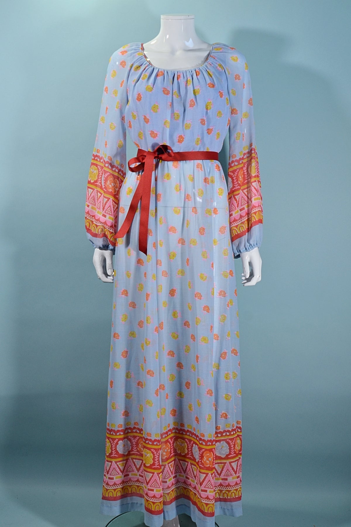 SOLD Miss Elliette Blue Floral Maxi Dress, 70s Hippie Long Dress S