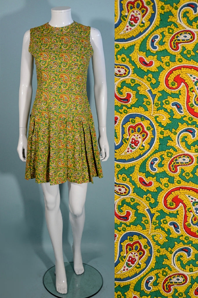 Vintage 1960s Mod Paisley Mini Dress Sleeveless Pleated Skirt