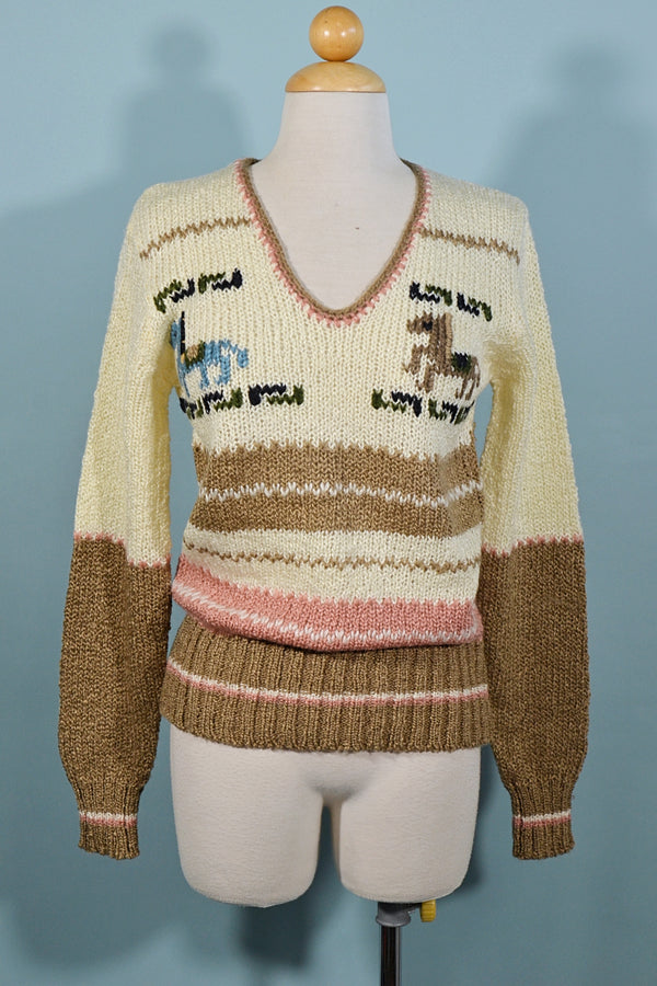 vintage V neck sweater with horses