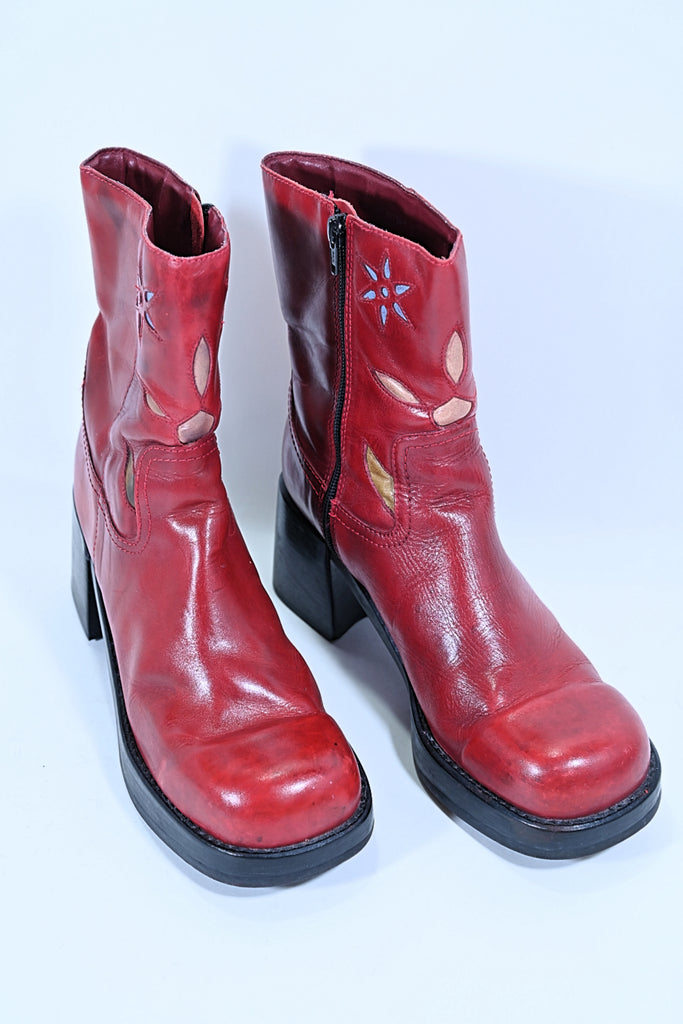 SOLD 90s Red Leather Chunky Heel Toe Platform Ankle Boots, Y2K