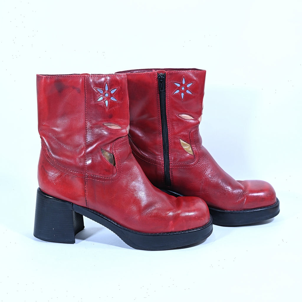 SOLD 90s Red Leather Chunky Heel Toe Platform Ankle Boots, Y2K Bratz S–  Papillon Vintage Shop