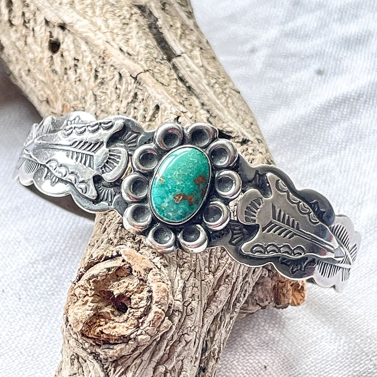 Vintage Fred Harvey IH Coin Silver Turquoise Cuff Bracelet, Stamped Arrows  15.4 Grams