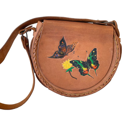 Vintage Hand Tooled Leather Hand Painted Handbag, Butterflies, OOAK main image 0