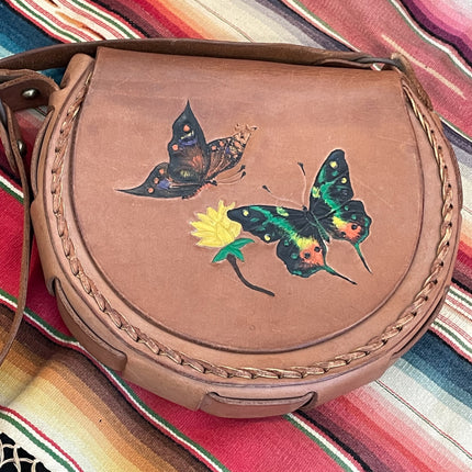 Vintage Hand Tooled Leather Hand Painted Handbag, Butterflies, OOAK
