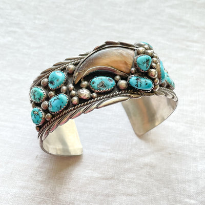 James Shay Navajo Sterling Turquoise Bracelet + Faux Bear Claw, Signed ...
