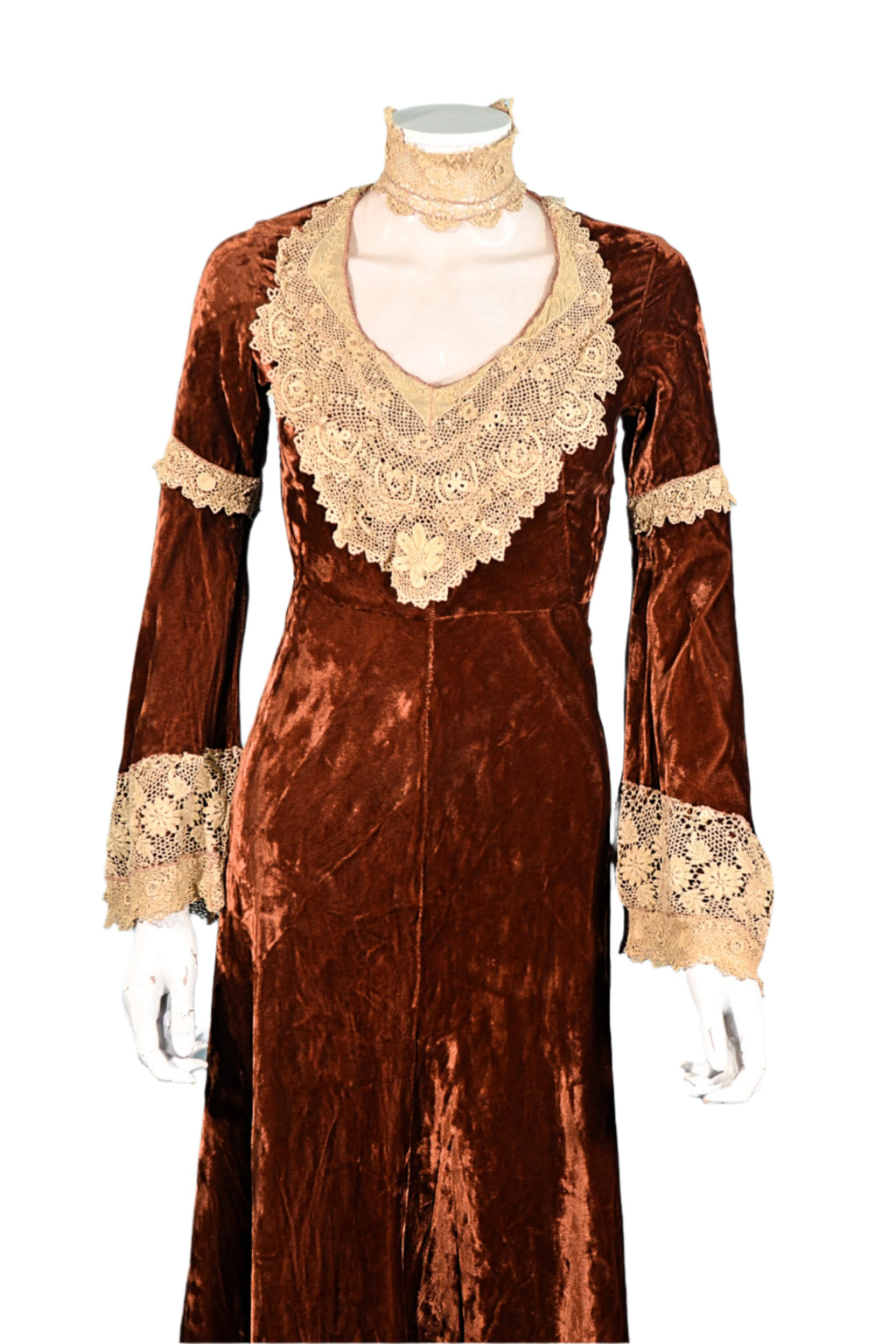 Velvet Victorian Maxi Dress, Rust Velvet Hand Crochet Lace, Gothic Rom Papillon Vintage Shop Velvet Victorian Maxi Dress, Rust Velvet Hand Crochet Lace, Gothic Rom Papillon Vintage Shop