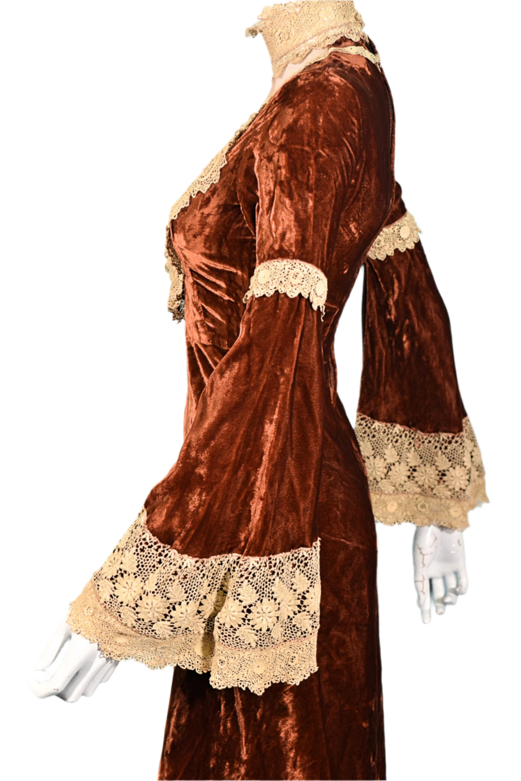 Velvet Victorian Maxi Dress, Rust Velvet Hand Crochet Lace, Gothic Romance Dress XS