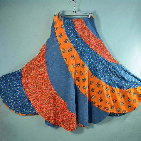 Vintage 70s Patchwork Cottagecore Flare Skirt, Hippie Maxi Skirt S  