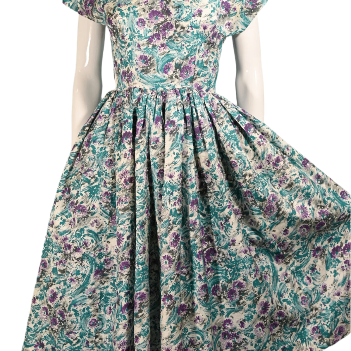 50s Teal Purple Floral Dress, Fit and Flare Fitted 26