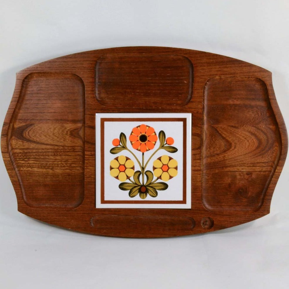 Vintage 70s Wood + Floral Ceramic Tile Serving Tray, Mid Century Serving Platter by Goodwood
