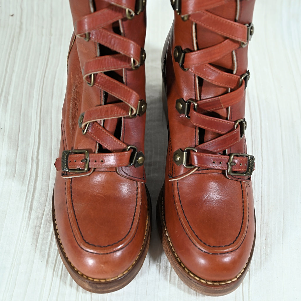 RARE 60s - 70s Zodiac Penny Lane Leather Tall Lace Up Granny Boots sz -  Ruby Lane
